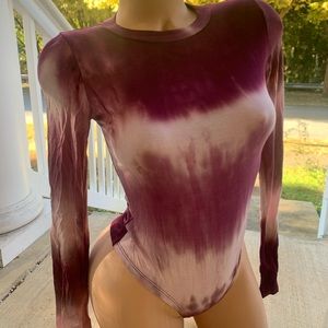 Crimson Burgundy Red Tie-Dye Effect Long Sleeved Bodysuit Snap Crotch